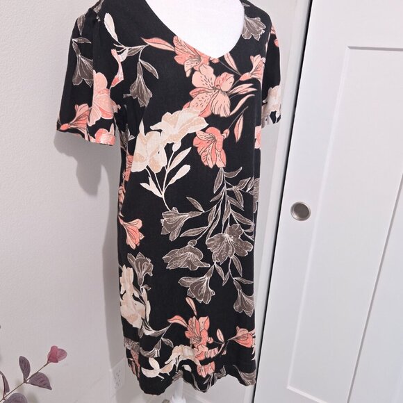 Nicole Miller Linen Blend Shift Short Sleeve Black Floral Dress - Large - Picture 3 of 9